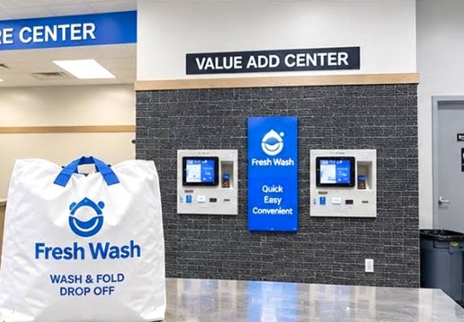 Value Add Center kiosks and a Fresh Wash Wash & Fold drop off bag