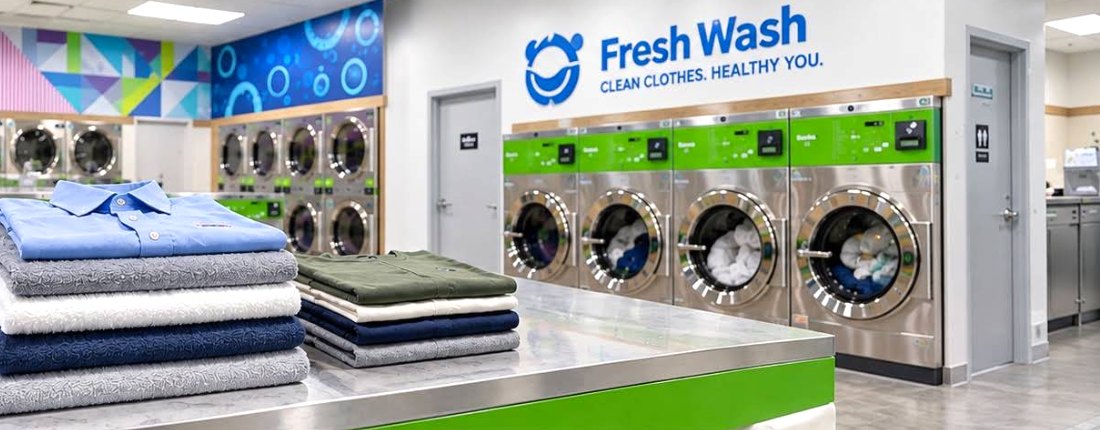 Neatly folded clothes on the folding counter with the Fresh Wash sign on the wall
